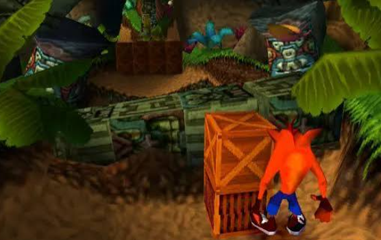 Crash Bandicoot entre cajas en la jungla en el juego original de PlayStation