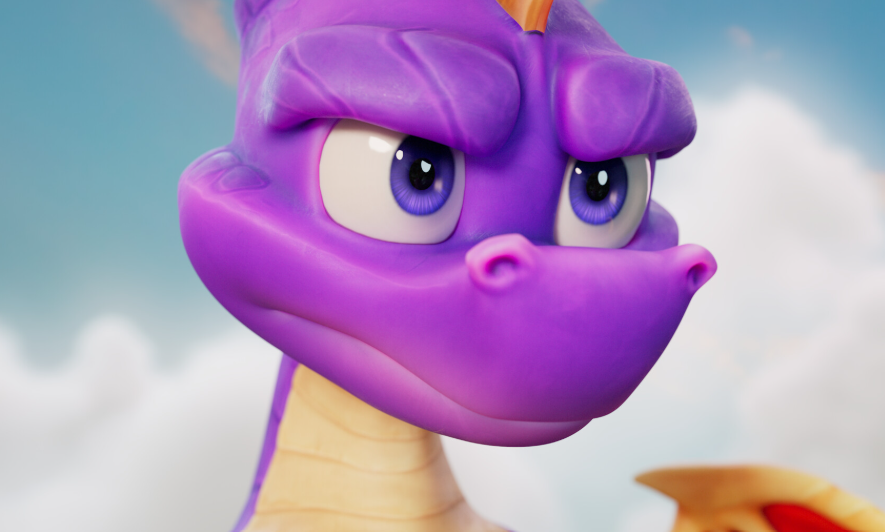 Primer plano de Spyro, el dragón morado