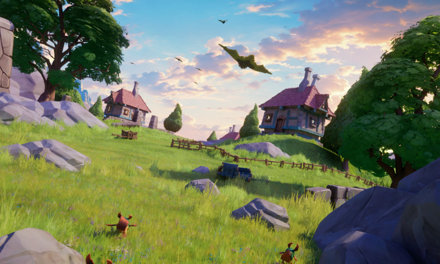 Paisaje de campo con casas en Spyro: A Realm Beyond