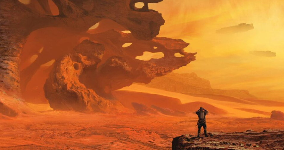 Jugador ante una formación rocosa en el desierto de Arrakis en Dune: Awakening