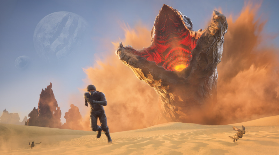 Gusano de arena emergiendo en el desierto de Arrakis en Dune: Awakening