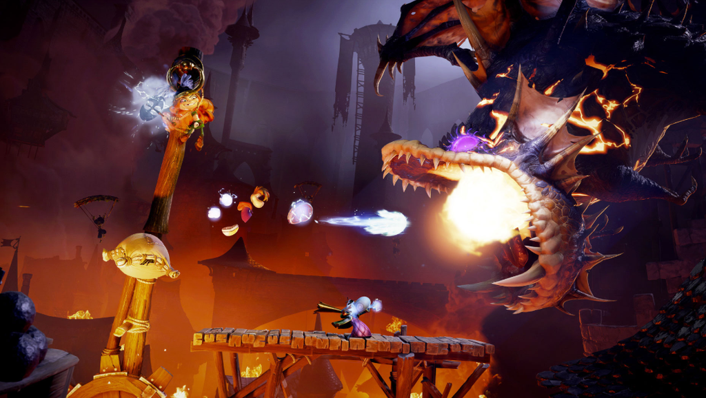 Escena de Rayman Legends Retold con un dragón escupiendo fuego