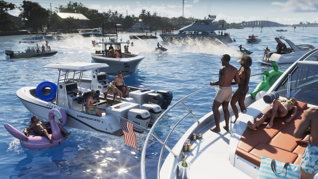 Barcos y bañistas en la costa de Vice City en GTA 6
