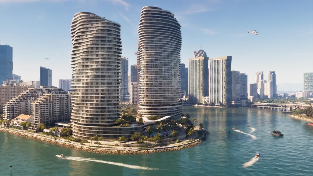 Rascacielos frente al mar en Vice City, en el estado de Leonida de GTA 6
