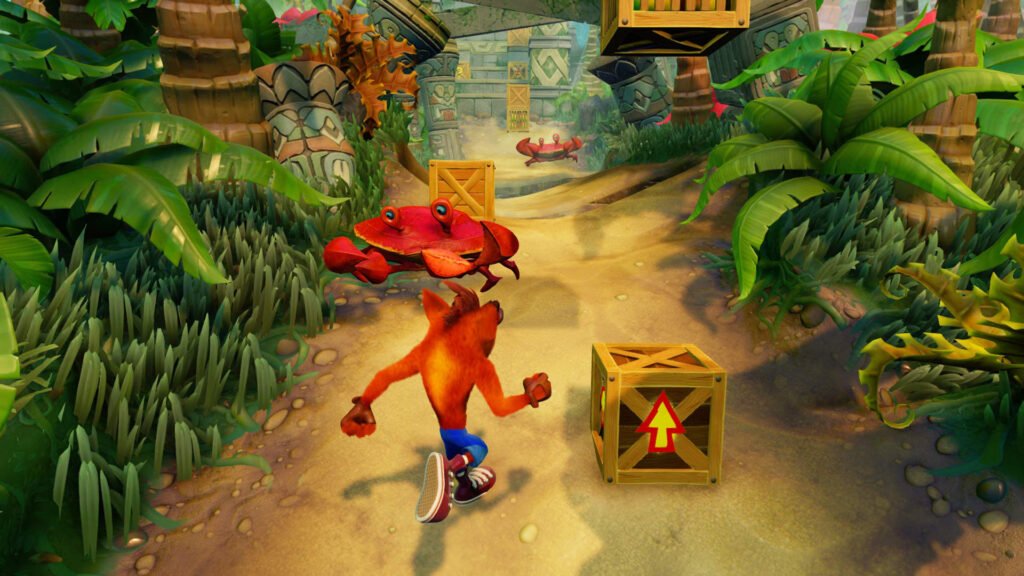 Crash Bandicoot corriendo por la jungla junto a una caja