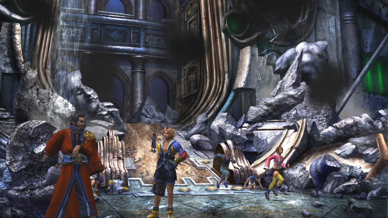Auron, Tidus y el grupo explorando Spira en Final Fantasy X HD Remaster