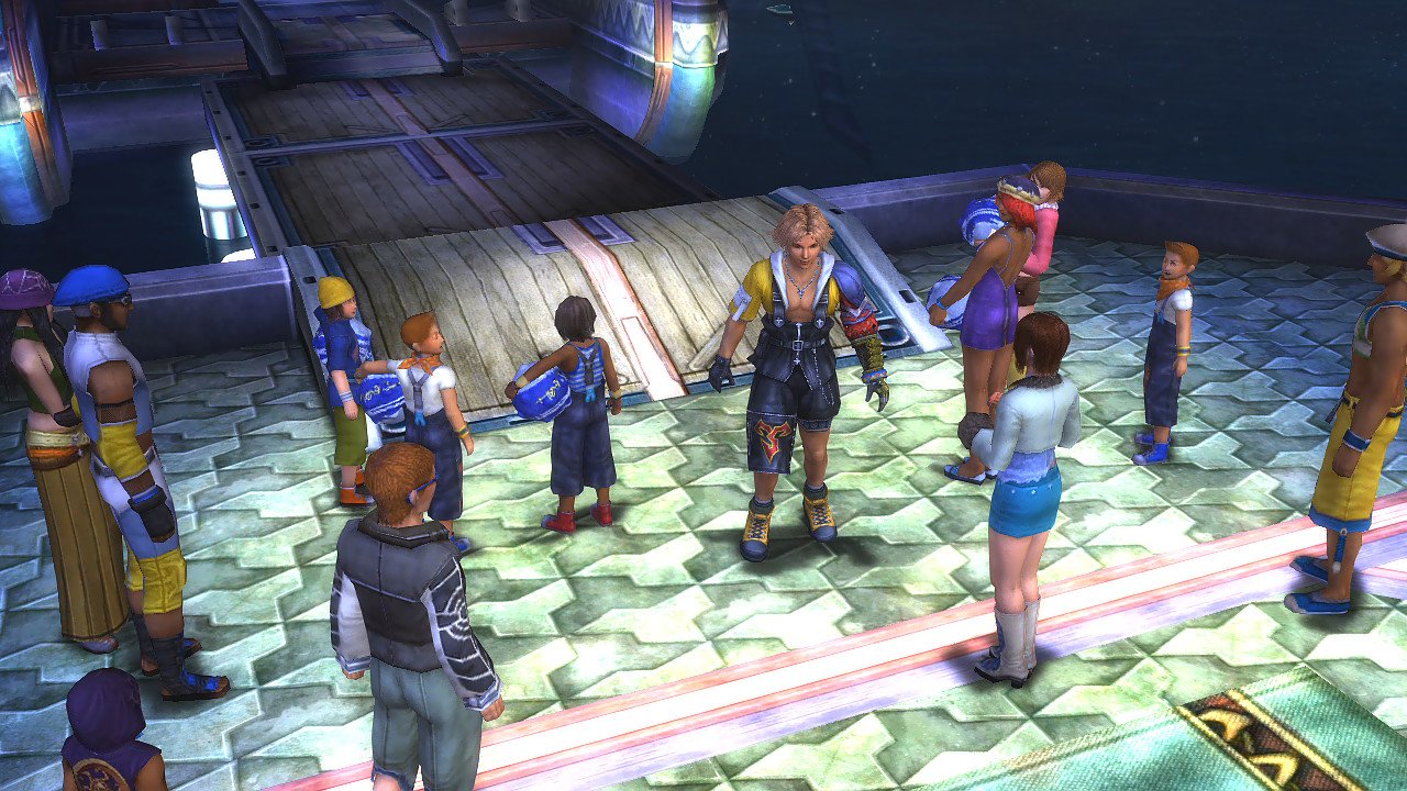 Tidus rodeado de fans en Zanarkand antes de un partido de blitzball, al inicio de Final Fantasy X