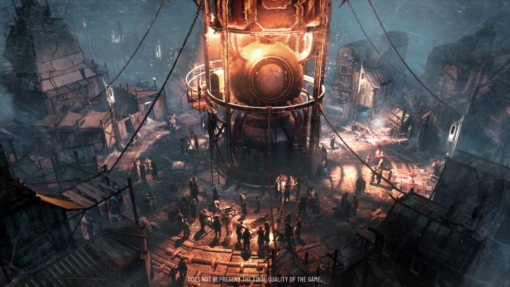 Ciudadanos alrededor del generador iluminado en Frostpunk 1886