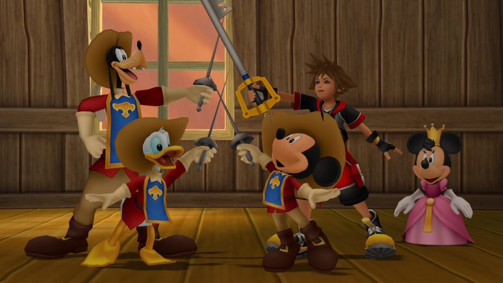 Sora, Mickey, Donald, Goofy y Minnie vestidos de mosqueteros en Kingdom Hearts