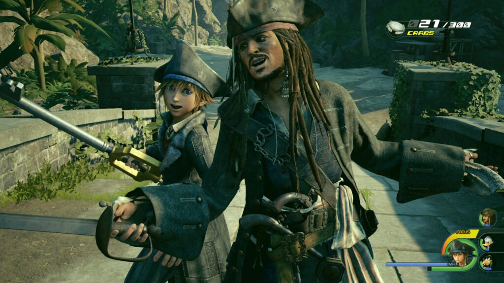 Sora junto a Jack Sparrow en el mundo de Piratas del Caribe de Kingdom Hearts III