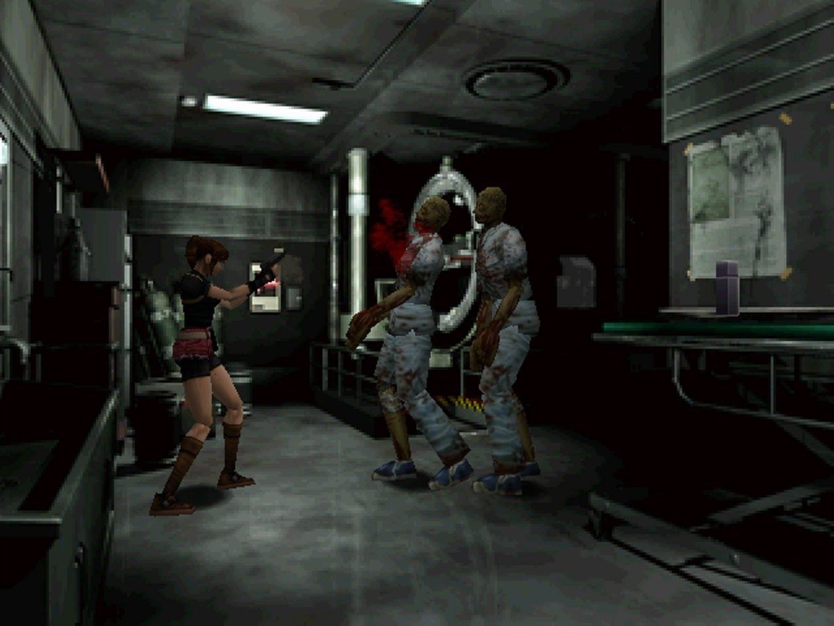 Claire Redfield dispara a varios zombis en una sala de Resident Evil 2