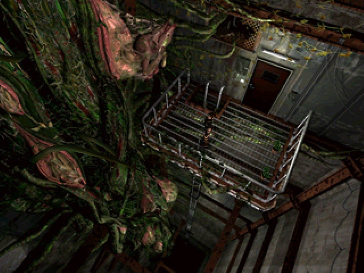 Vegetación mutada invadiendo el laboratorio subterráneo de Umbrella en Resident Evil 2