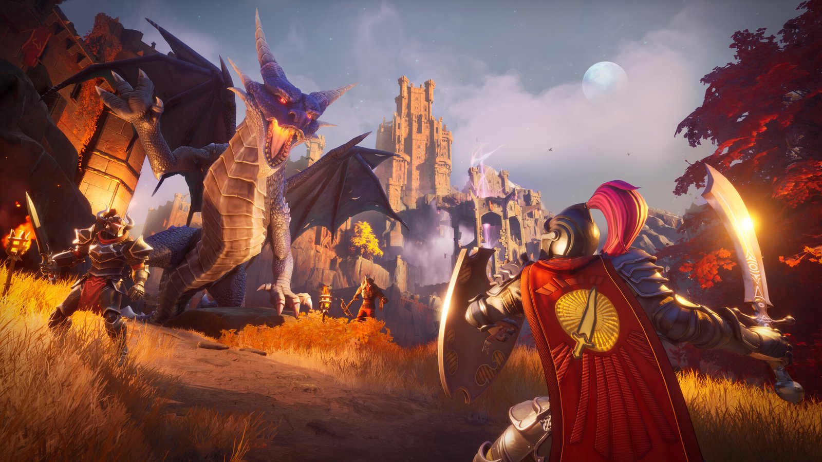 Aventureros ante un dragón en Ashenfall, RuneScape: Dragonwilds