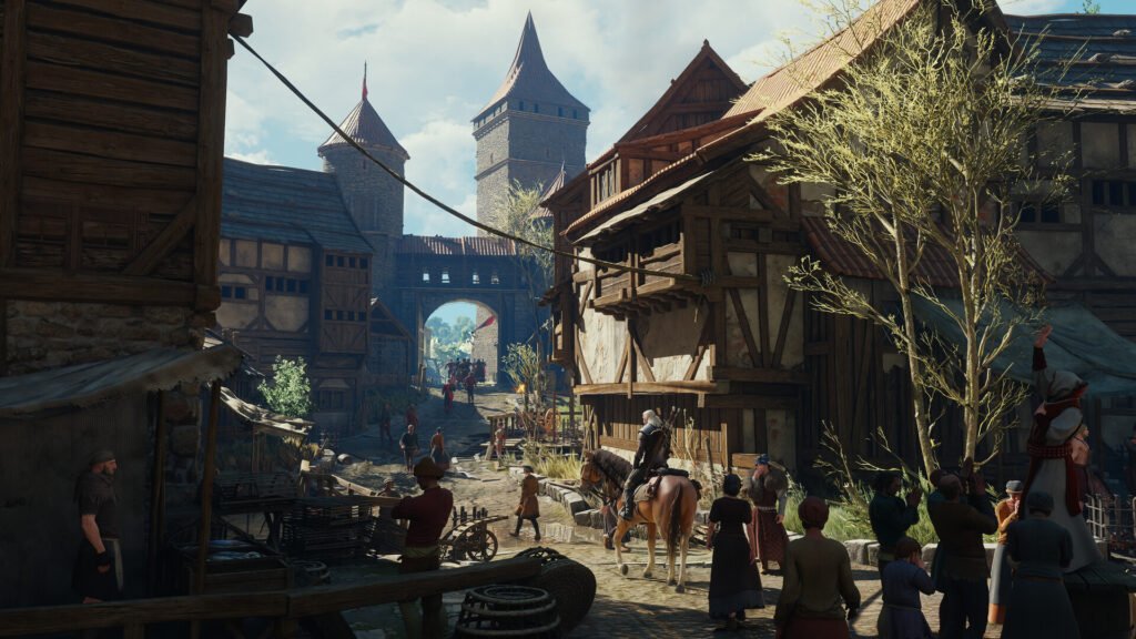 Calle de una ciudad a pleno sol en The Witcher 3 Remastered