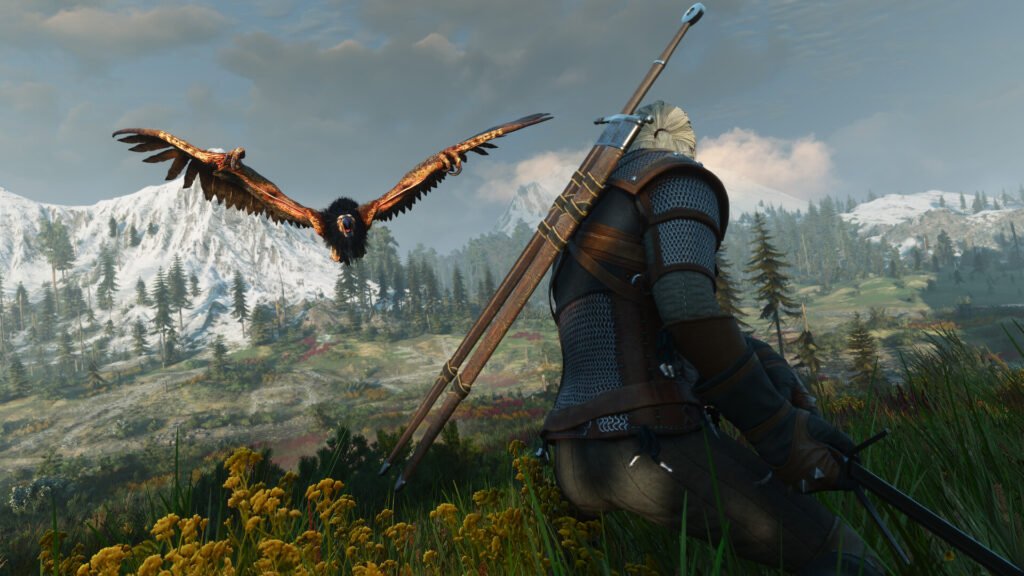 Geralt contempla un paisaje montañoso en The Witcher 3 Remastered
