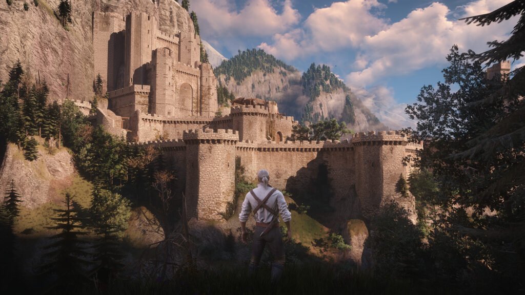 Geralt frente a un castillo en Toussaint en The Witcher 3 Remastered